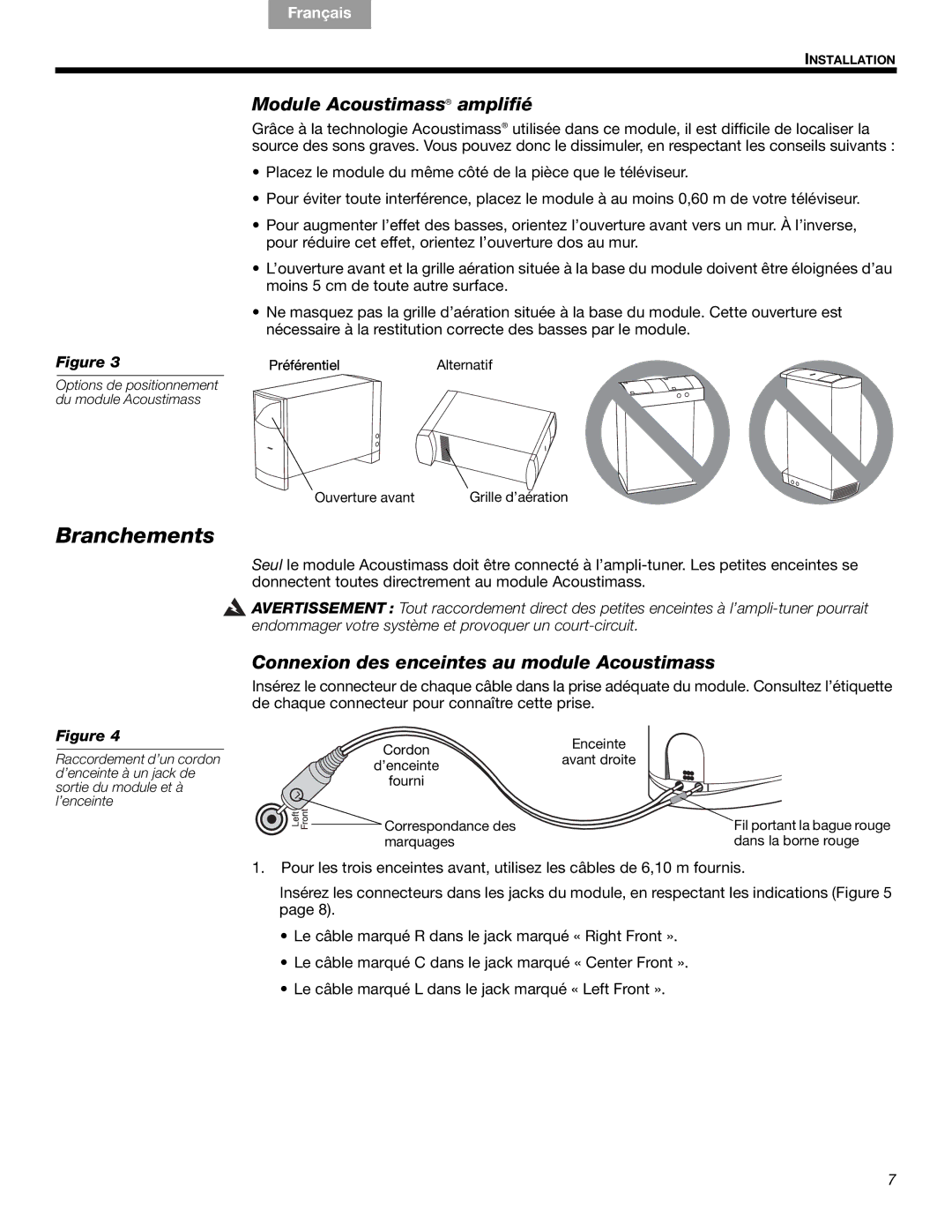 Bose AM10SERIVB, 6 Series II manual Branchements, Module Acoustimass amplifié, Connexion des enceintes au module Acoustimass 