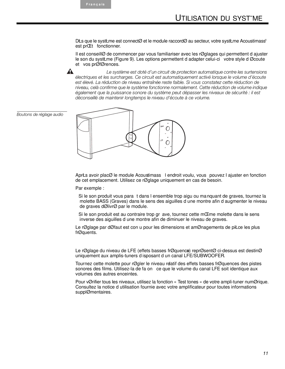 Bose AM10SERIVB, 6 Series II manual Réglage du niveau de compensation des graves et de la pièce, Réglage du niveau LFE 