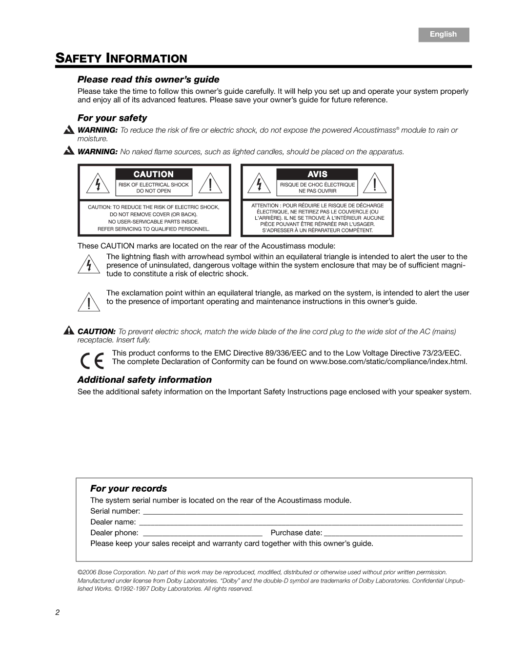 Bose 6 Series II manual Please read this owner’s guide, For your safety, Additional safety information, For your records 