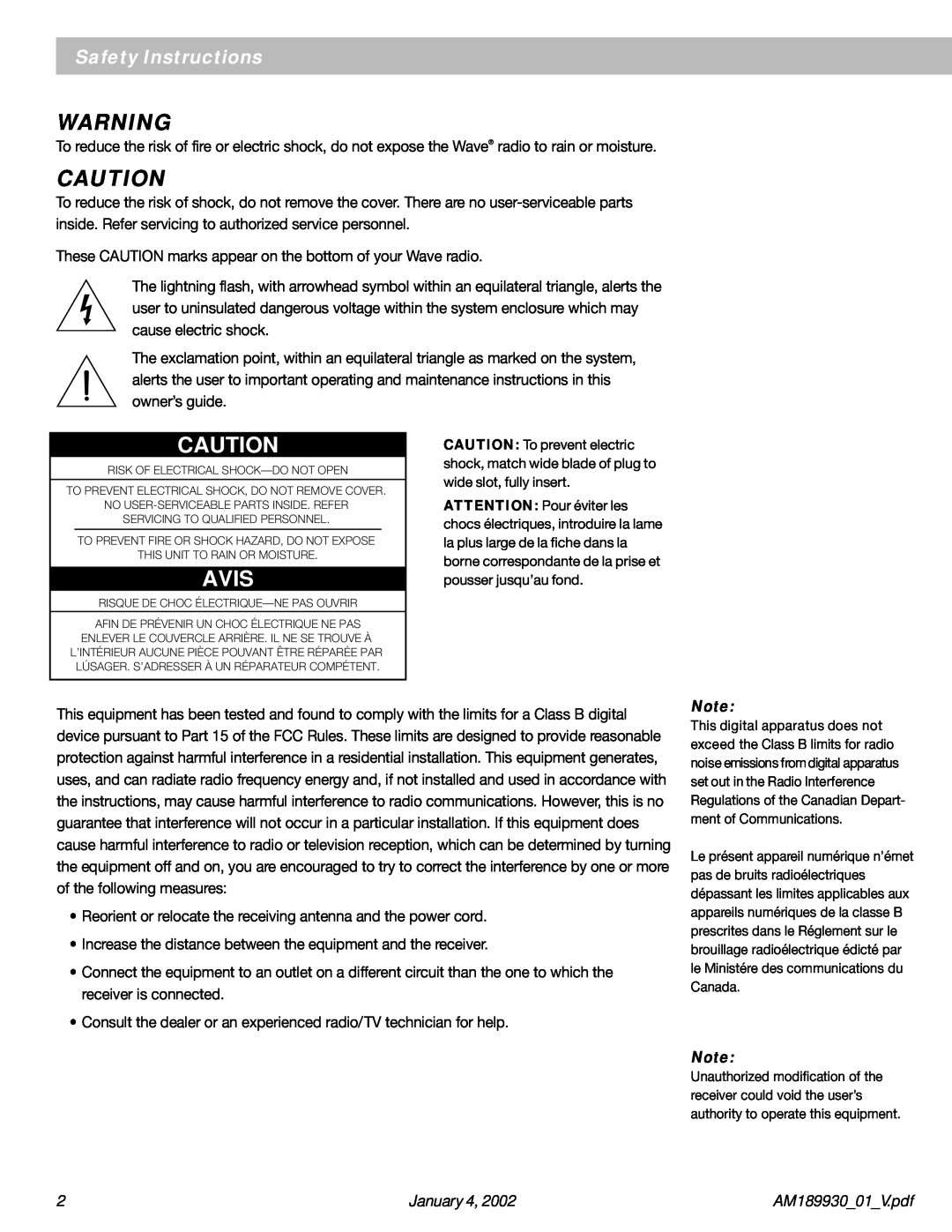 Bose AM189930 manual Safety Instructions, January, Avis 