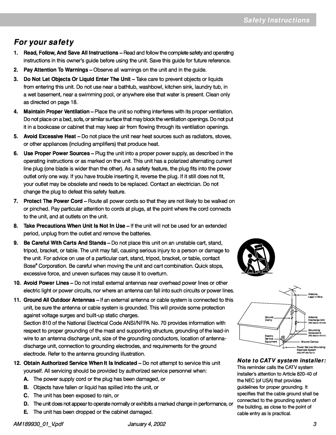 Bose AM189930 manual For your safety, Note to CATV system installer, Safety Instructions, January 