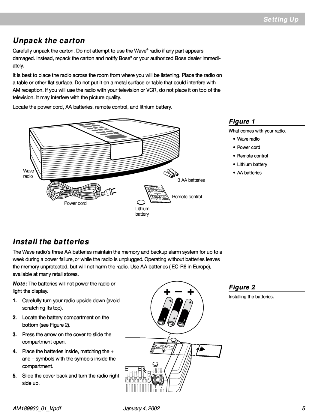 Bose AM189930 manual Unpack the carton, Install the batteries, Setting Up, + - +, January 4 