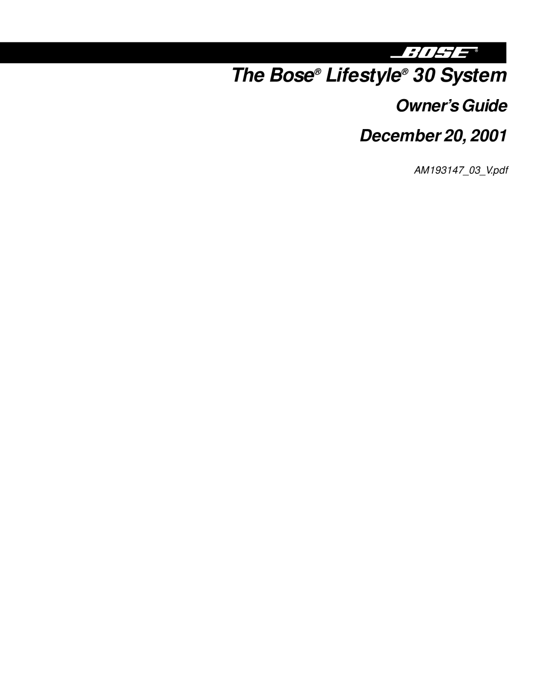 Bose AM193147_03_V manual Bose Lifestyle 30 System 