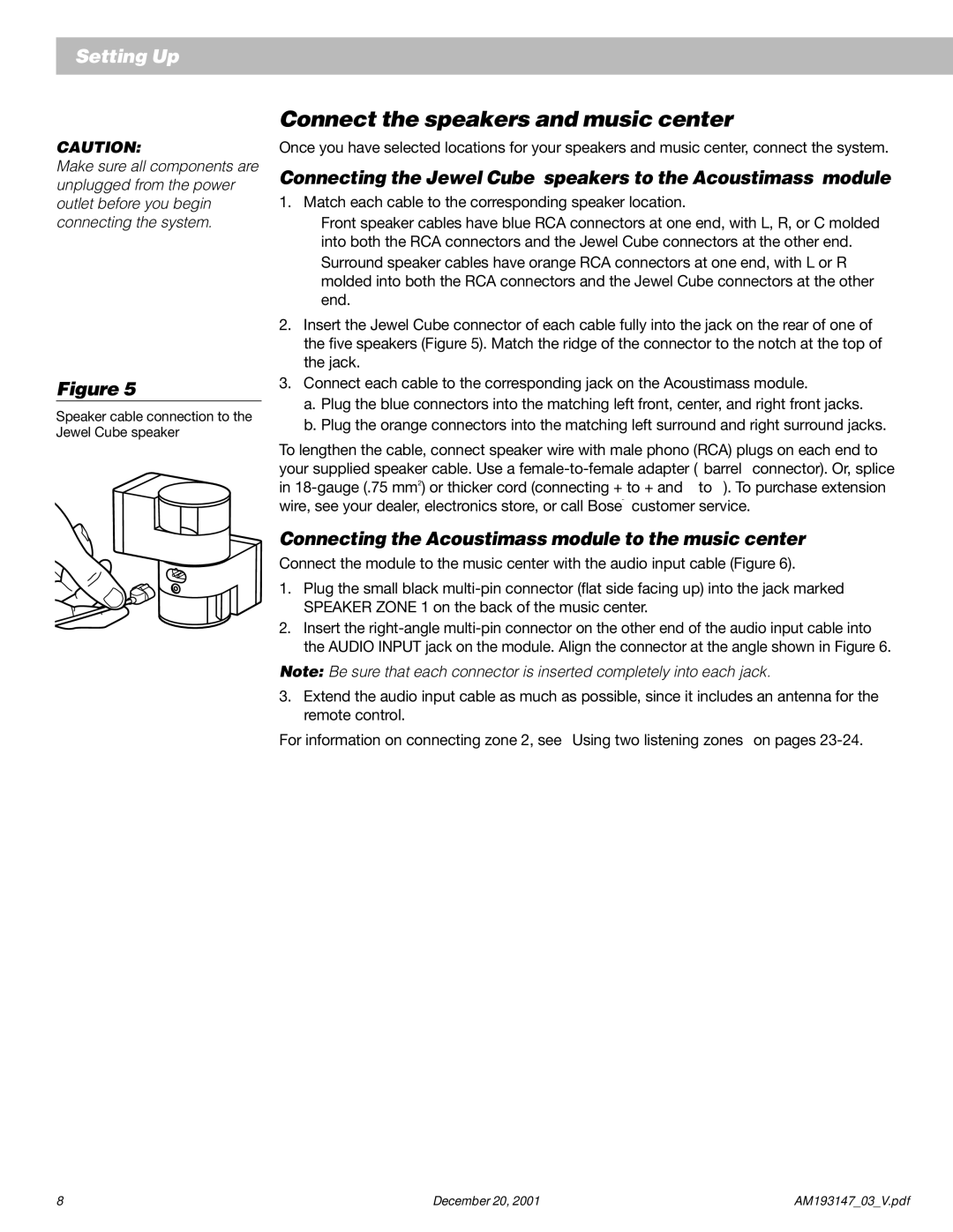 Bose AM193147_03_V manual Connect the speakers and music center, Connecting the Acoustimass module to the music center 