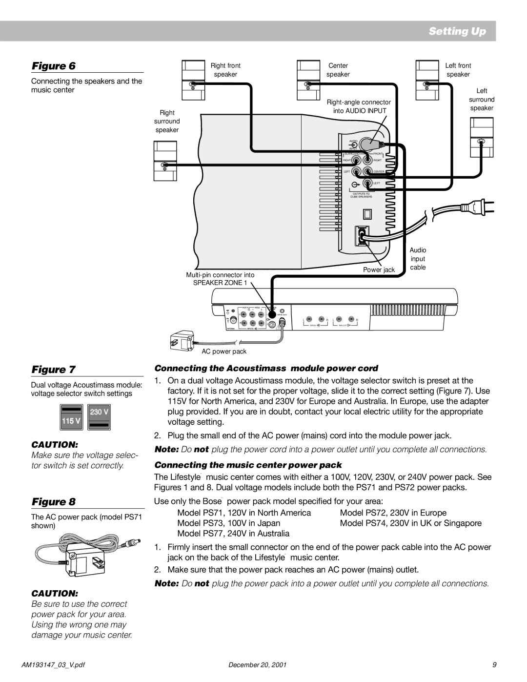 Bose AM193147_03_V manual Connecting the Acoustimass module power cord, Connecting the music center power pack 