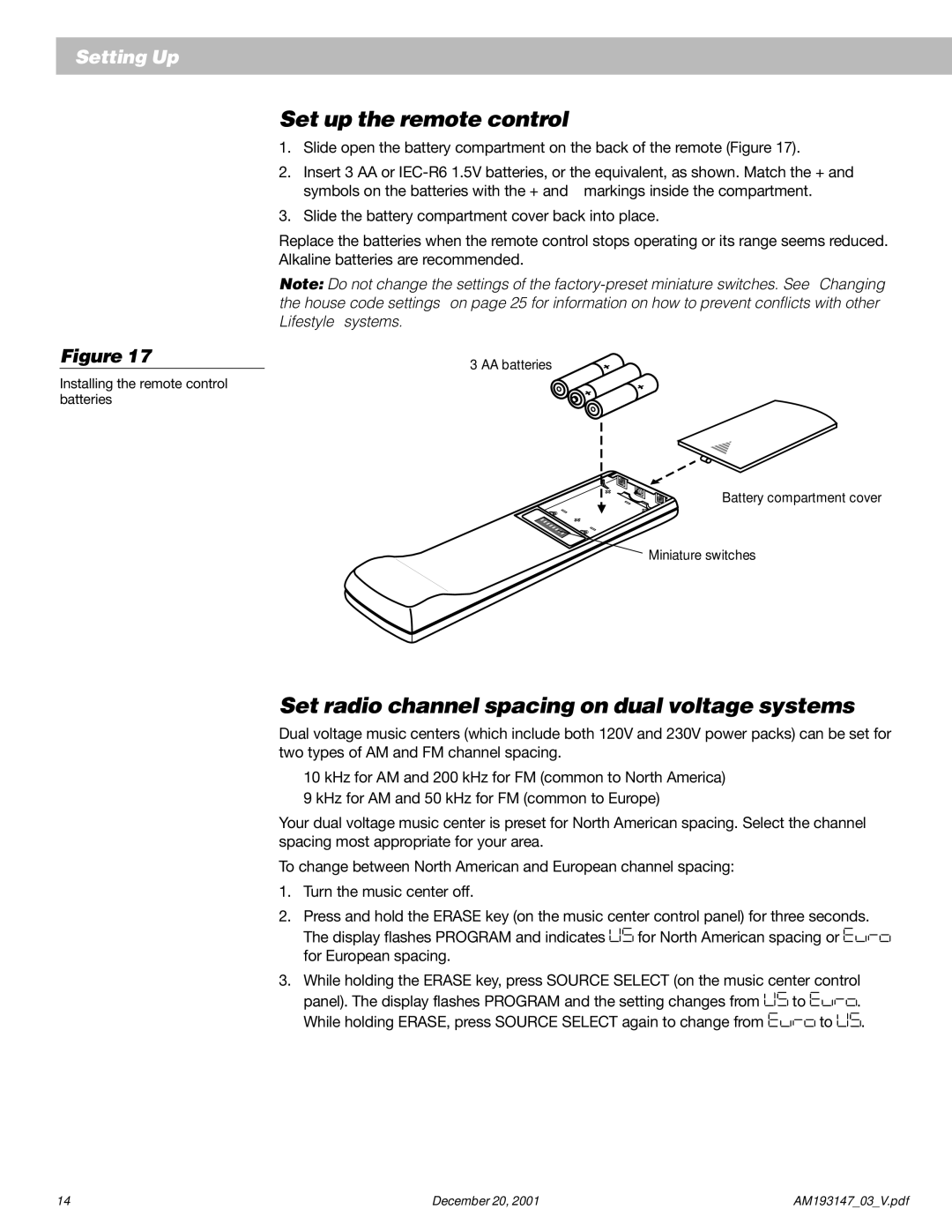 Bose AM193147_03_V manual Set up the remote control, Set radio channel spacing on dual voltage systems 