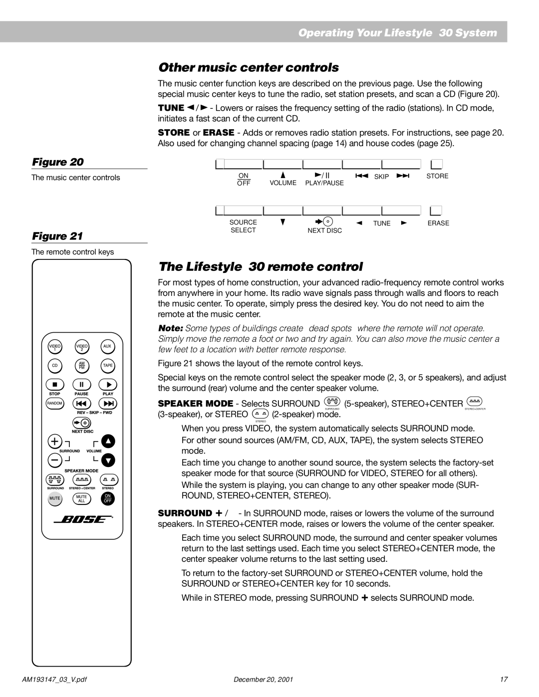 Bose AM193147_03_V manual Other music center controls, Lifestyle 30 remote control 