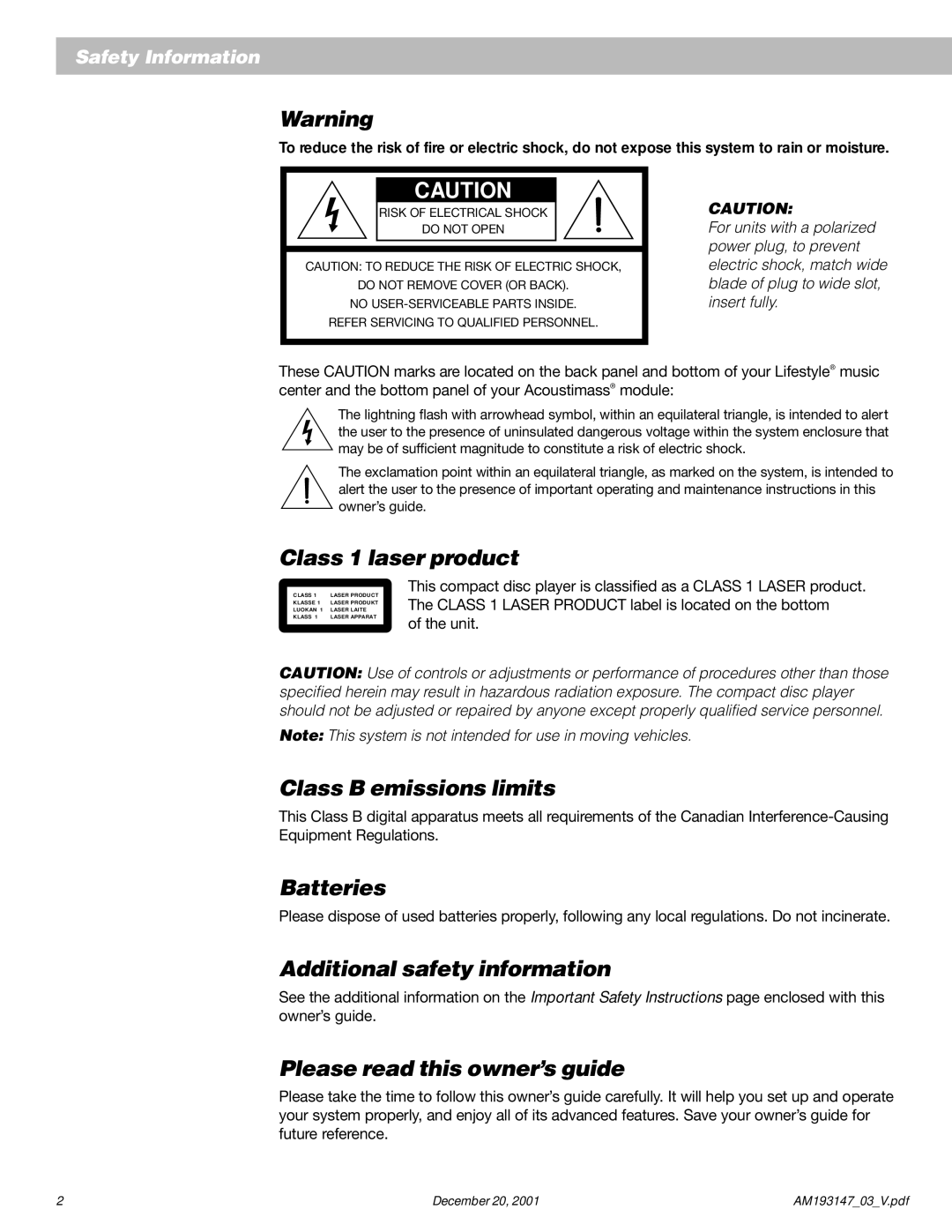 Bose AM193147_03_V manual Class 1 laser product, Class B emissions limits, Batteries, Additional safety information 