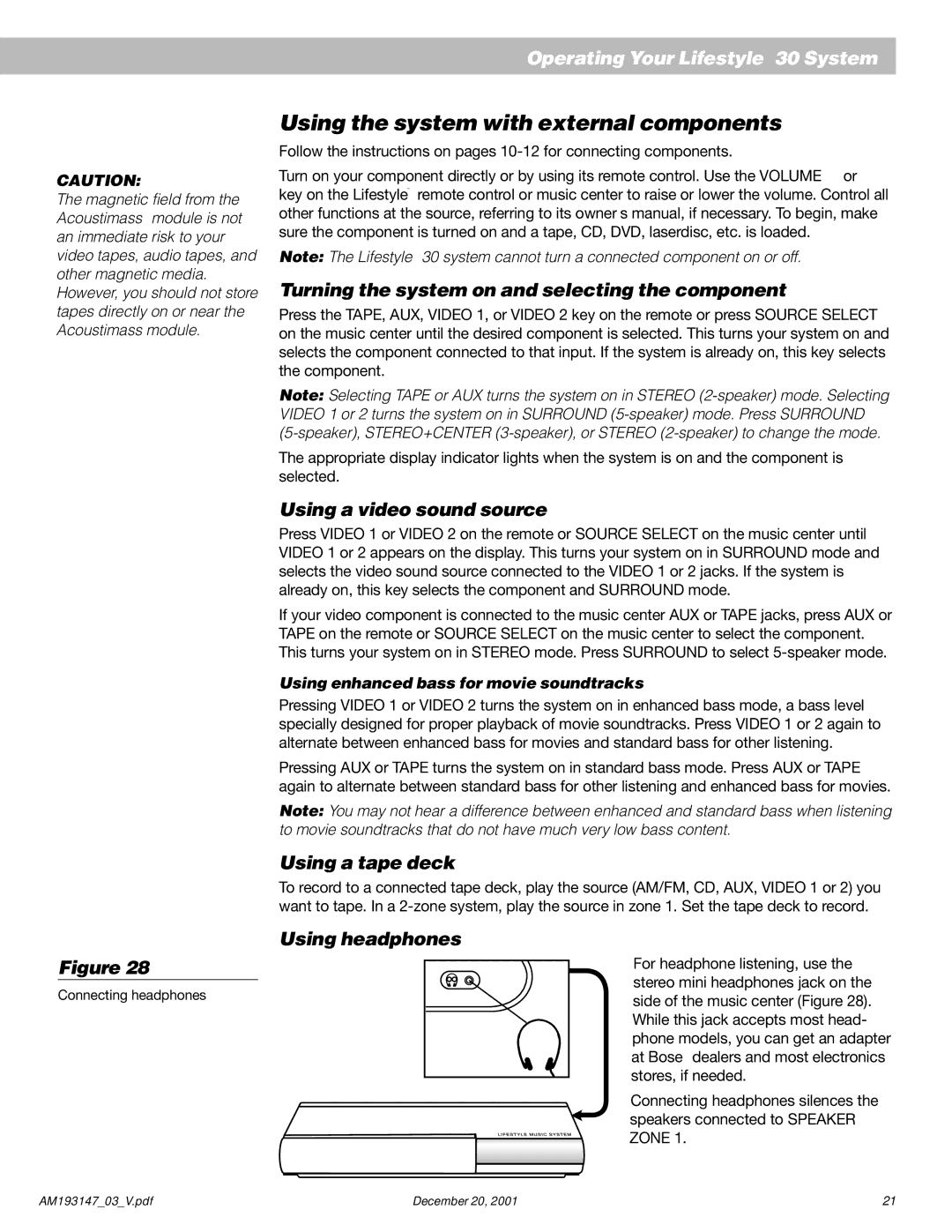 Bose AM193147_03_V manual Using the system with external components, Turning the system on and selecting the component 