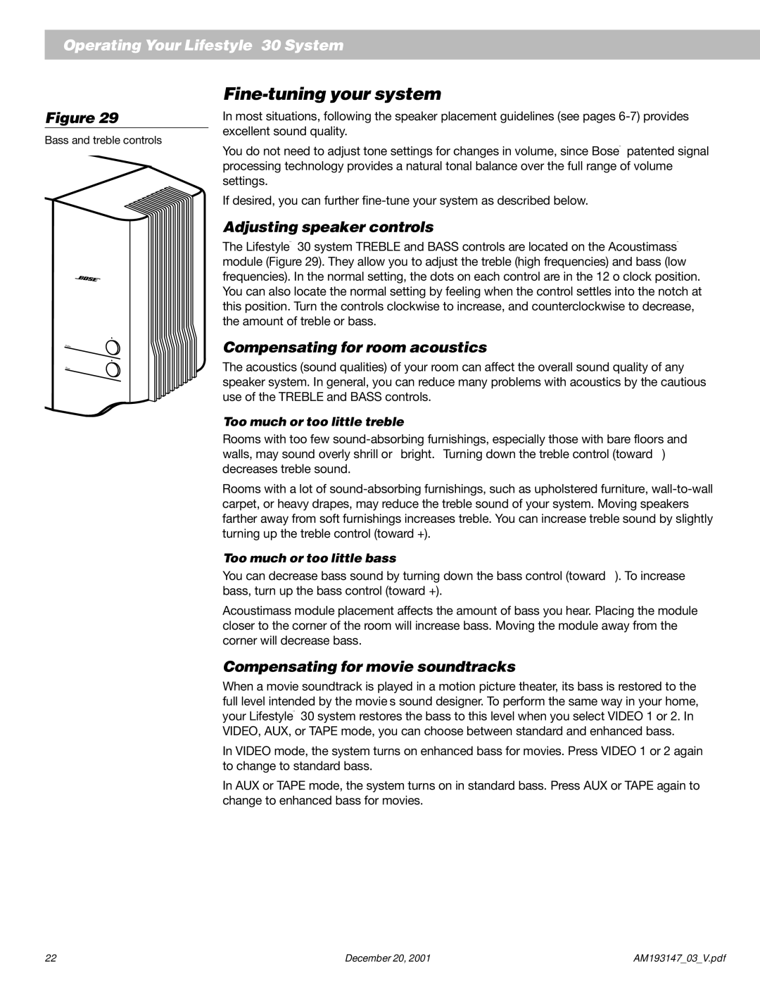 Bose AM193147_03_V manual Fine-tuning your system, Adjusting speaker controls, Compensating for room acoustics 