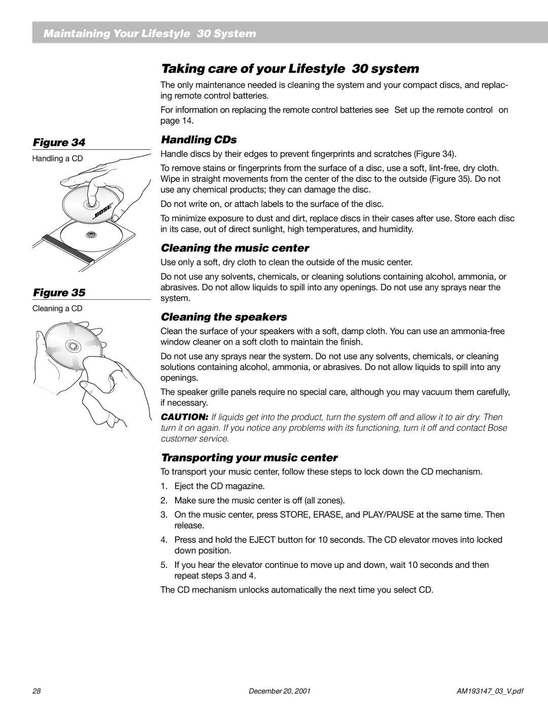 Bose AM193147_03_V Taking care of your Lifestyle 30 system, Handling CDs, Cleaning the music center, Cleaning the speakers 