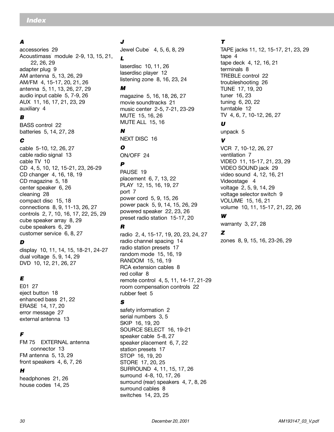 Bose AM193147_03_V manual Index 