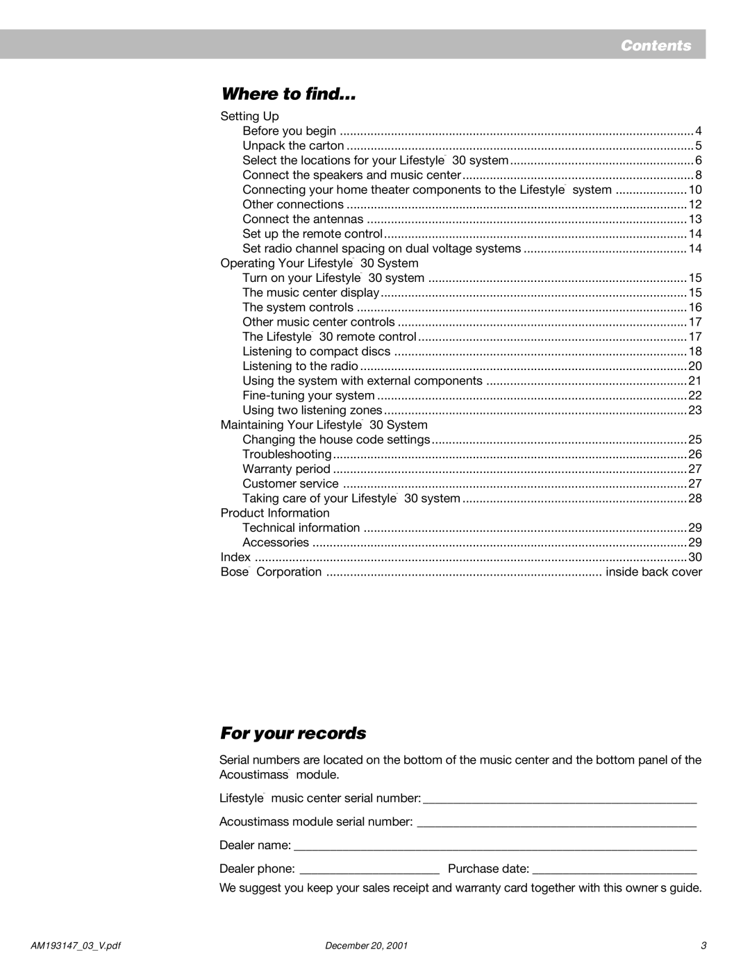 Bose AM193147_03_V manual Where to find…, For your records 