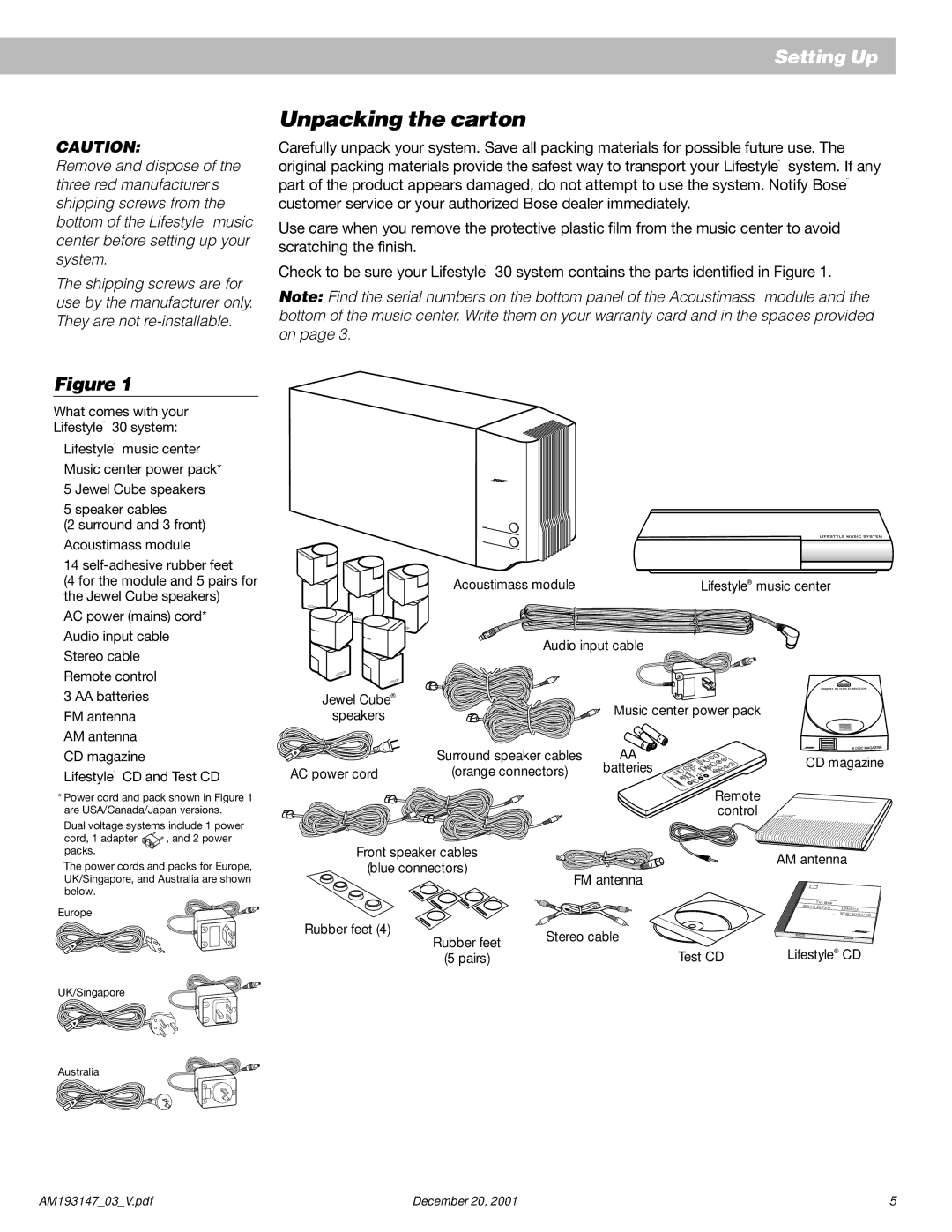 Bose AM193147_03_V manual Unpacking the carton 