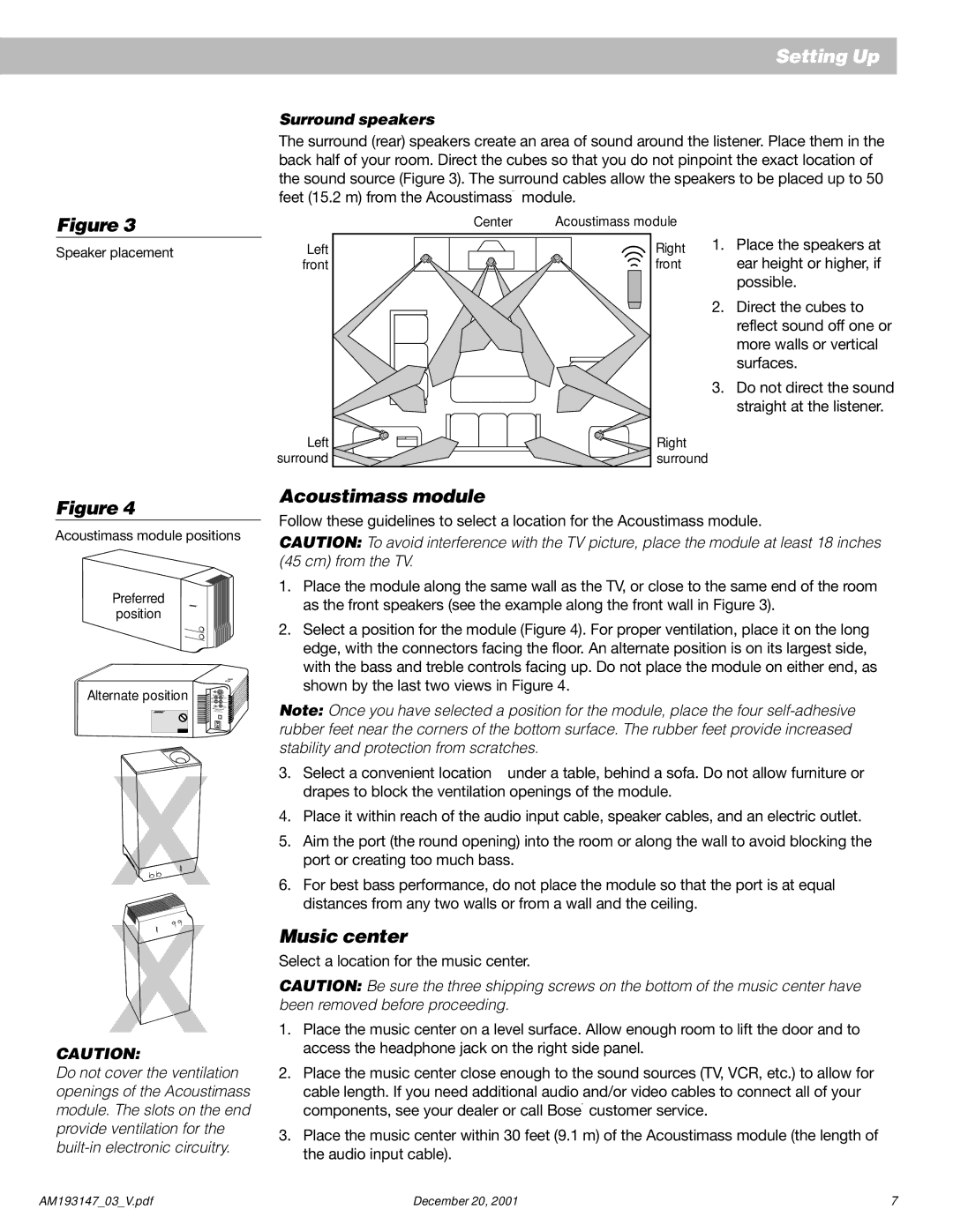 Bose AM193147_03_V manual Acoustimass module, Music center, Surround speakers 