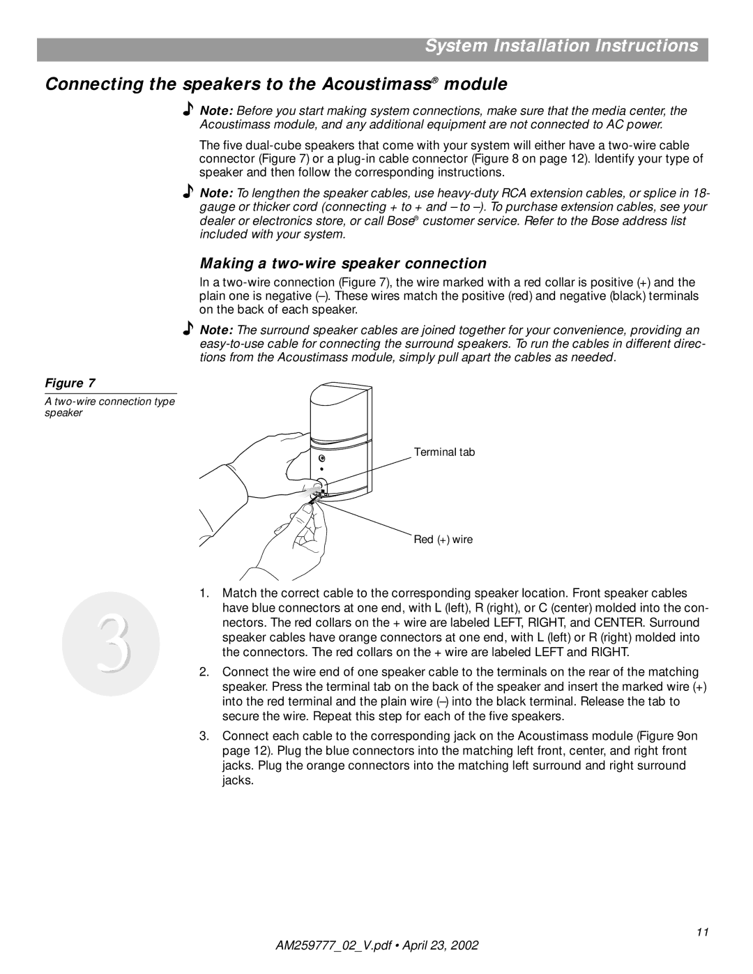 Bose AM259777 manual Connecting the speakers to the Acoustimass module, Making a two-wire speaker connection 