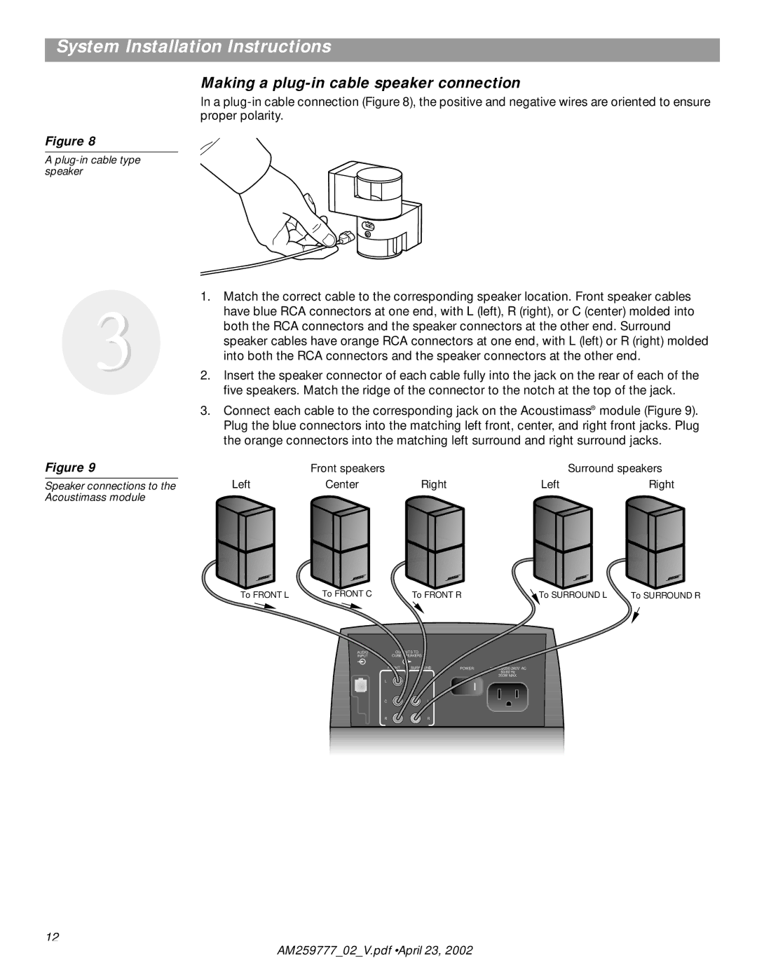 Bose AM259777 manual Making a plug-in cable speaker connection, Front speakers Surround speakers Left Center Right 