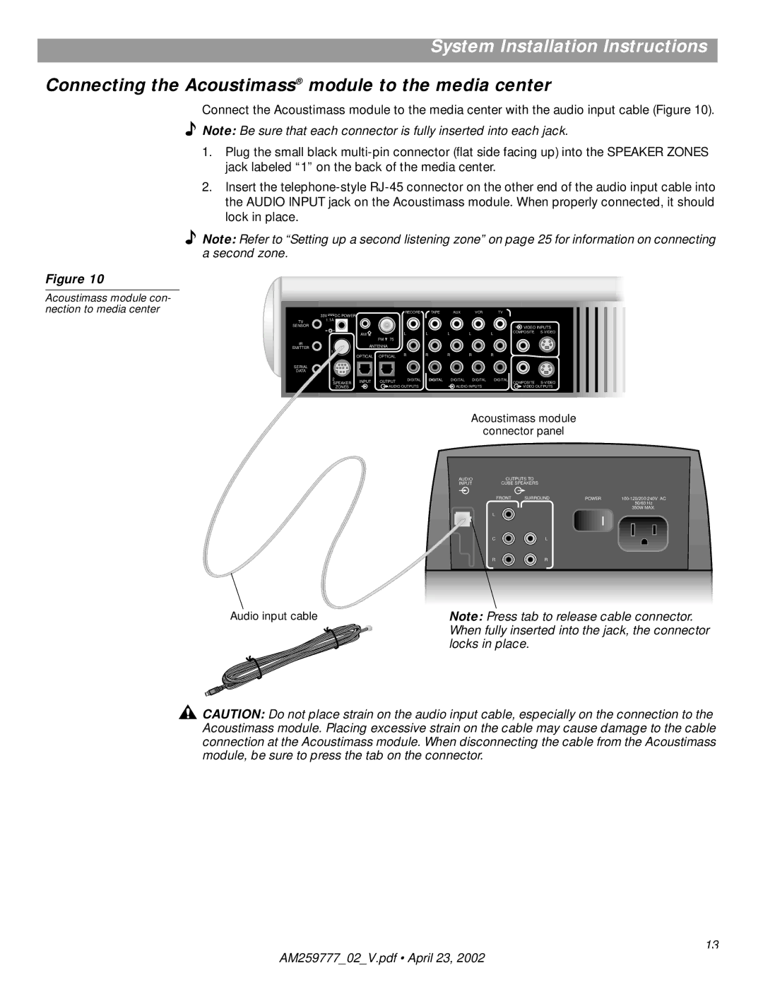 Bose AM259777 Connecting the Acoustimass module to the media center, Acoustimass module Connector panel, Audio input cable 