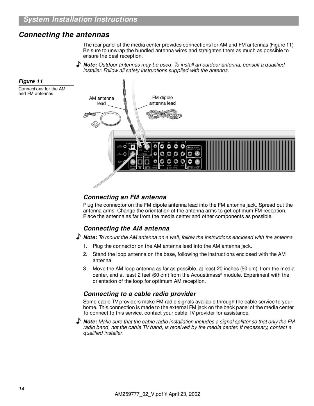 Bose AM259777 manual Connecting the antennas, Connecting an FM antenna, Connecting the AM antenna 