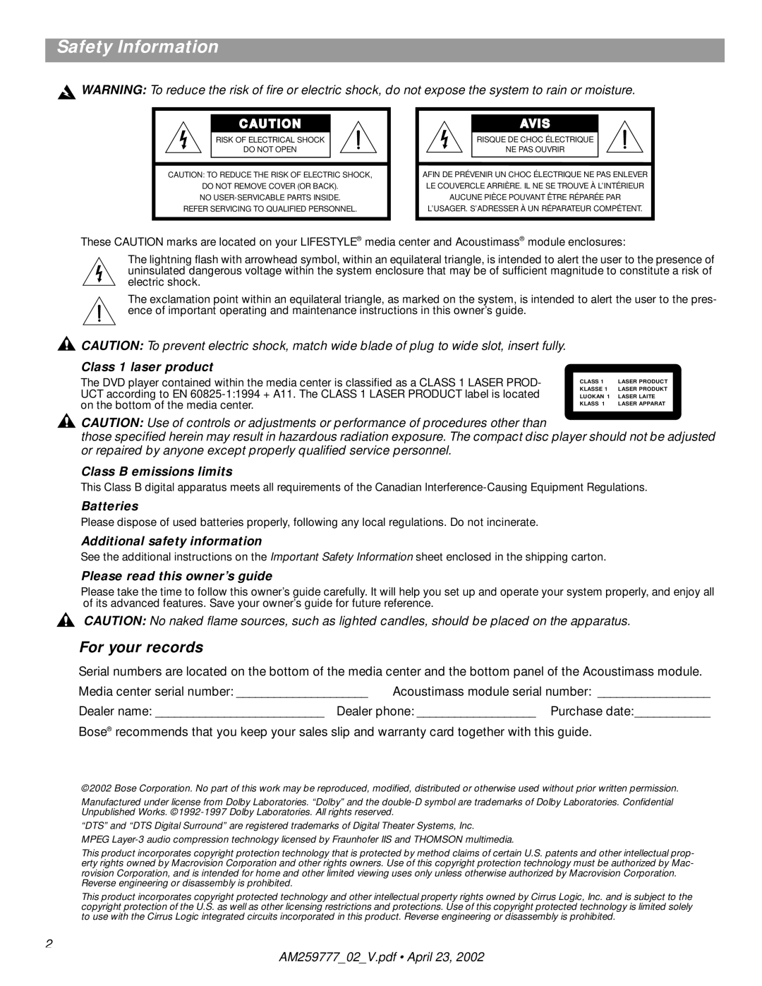 Bose AM259777 manual Safety Information, For your records 