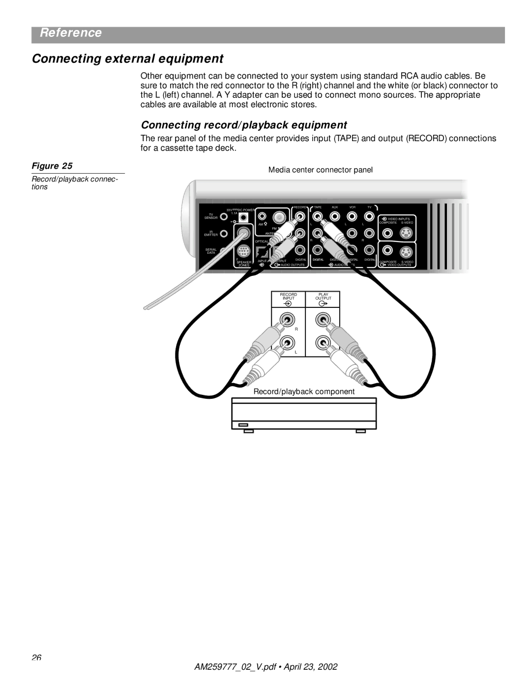 Bose AM259777 manual Connecting external equipment, Connecting record/playback equipment, Record/playback connec- tions 