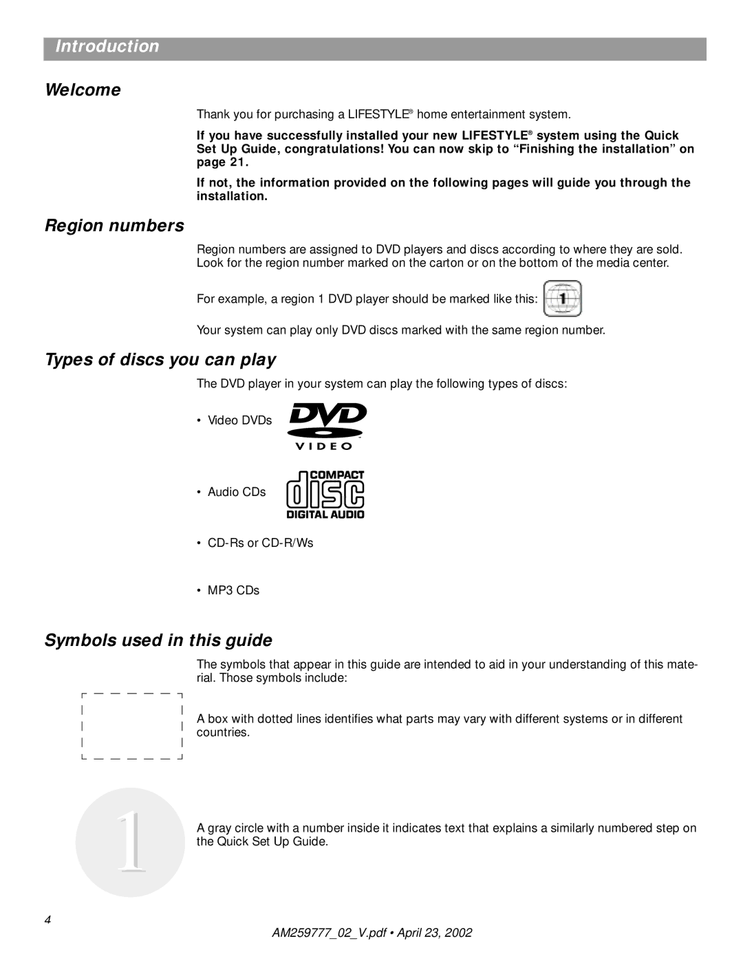 Bose AM259777 manual Introduction, Welcome, Region numbers, Types of discs you can play, Symbols used in this guide 