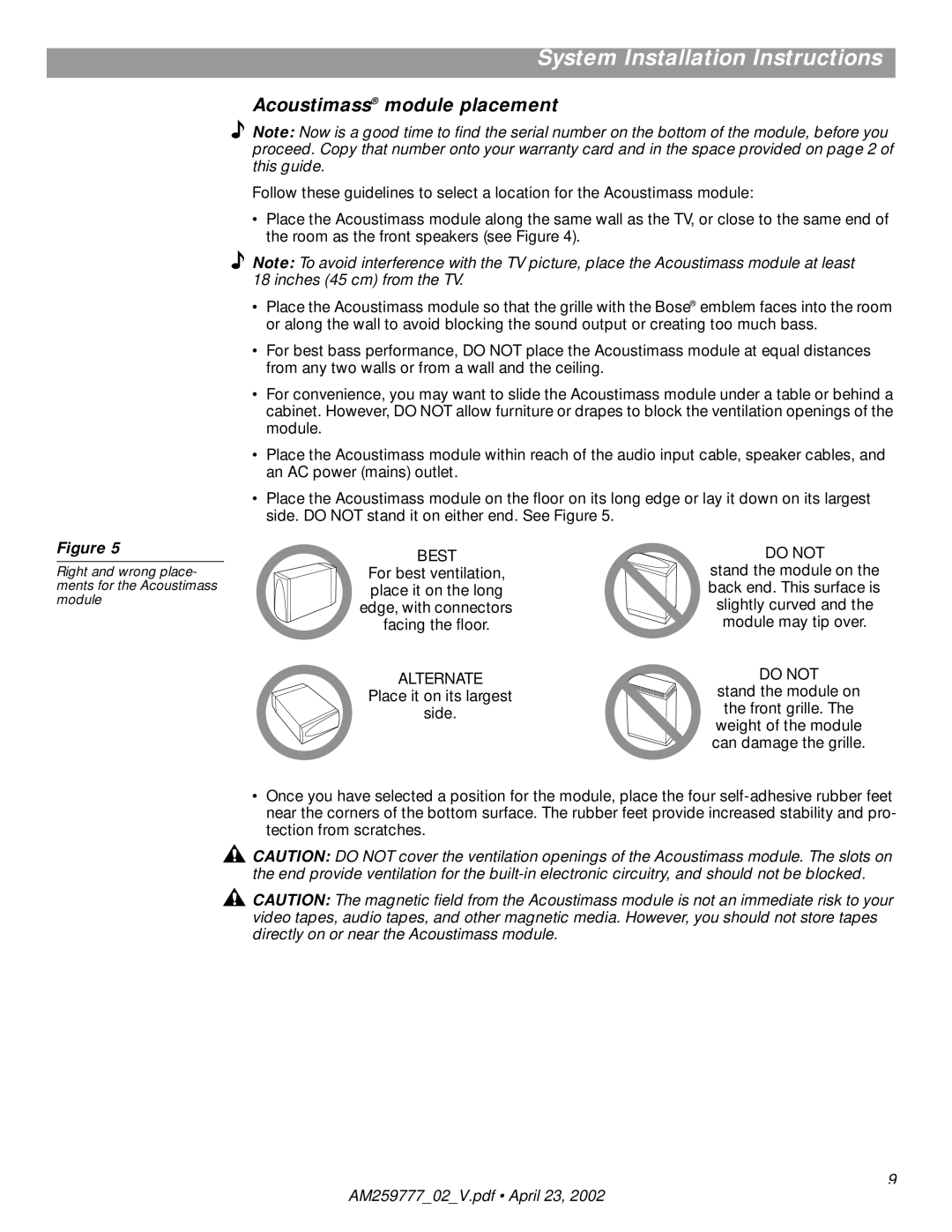 Bose AM259777 manual Acoustimass module placement, Right and wrong place- ments for the Acoustimass module 