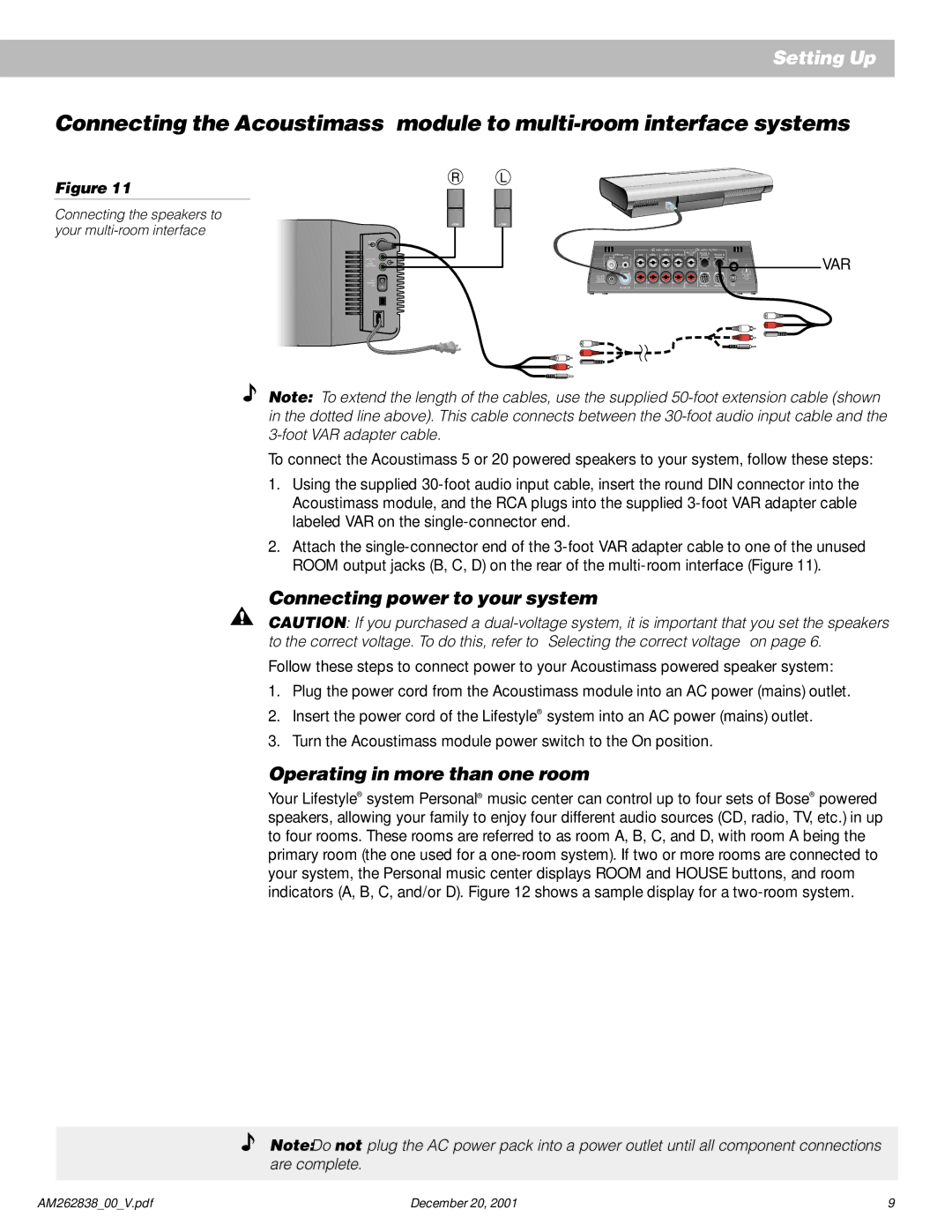 Bose AM262838_00_V manual Connecting power to your system, Operating in more than one room 