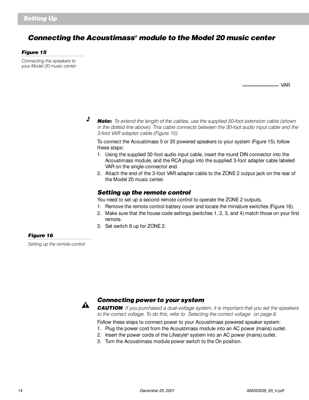 Bose AM262838_00_V manual Connecting the speakers to your Model 20 music center, Setting up the remote control 