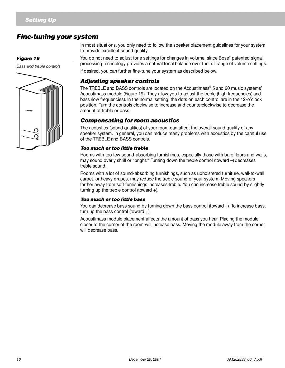 Bose AM262838_00_V manual Fine-tuning your system, Adjusting speaker controls, Compensating for room acoustics 