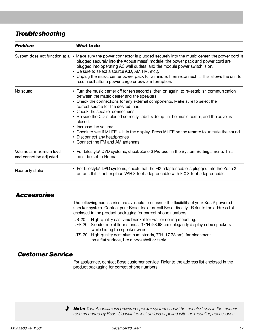 Bose AM262838_00_V manual Troubleshooting, Accessories, Customer Service 