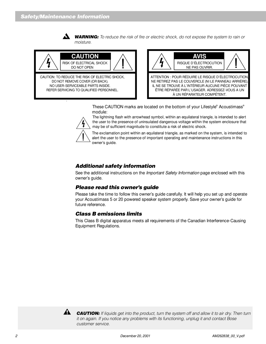 Bose AM262838_00_V manual Additional safety information, Please read this owner’s guide, Class B emissions limits 