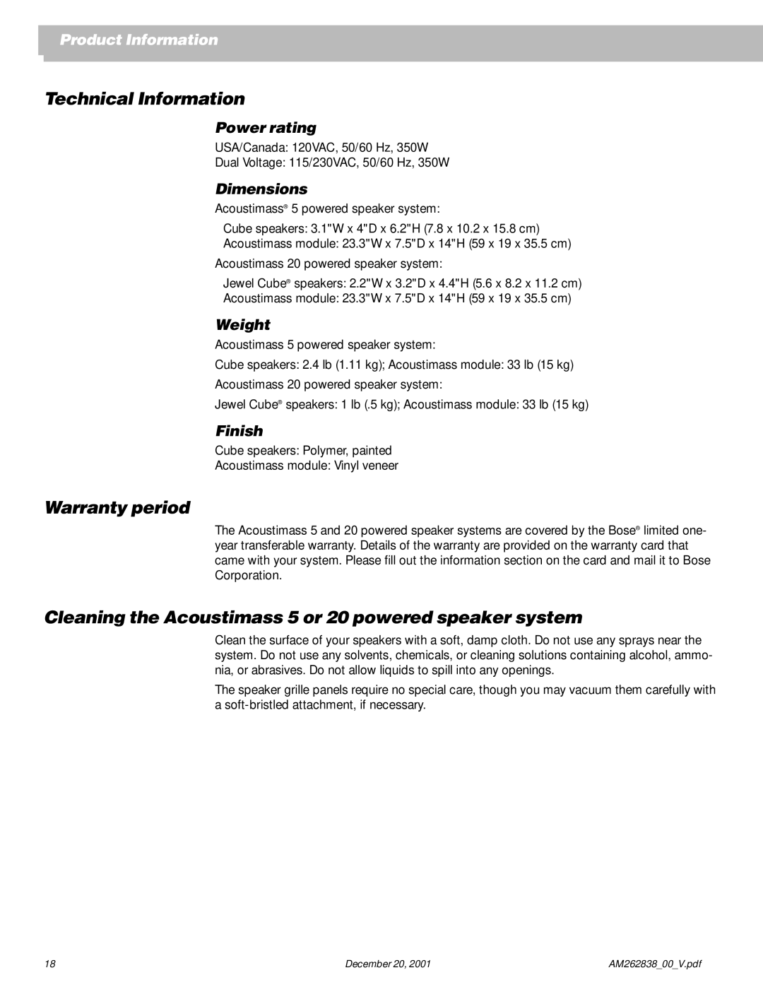 Bose AM262838_00_V manual Technical Information, Warranty period, Cleaning the Acoustimass 5 or 20 powered speaker system 