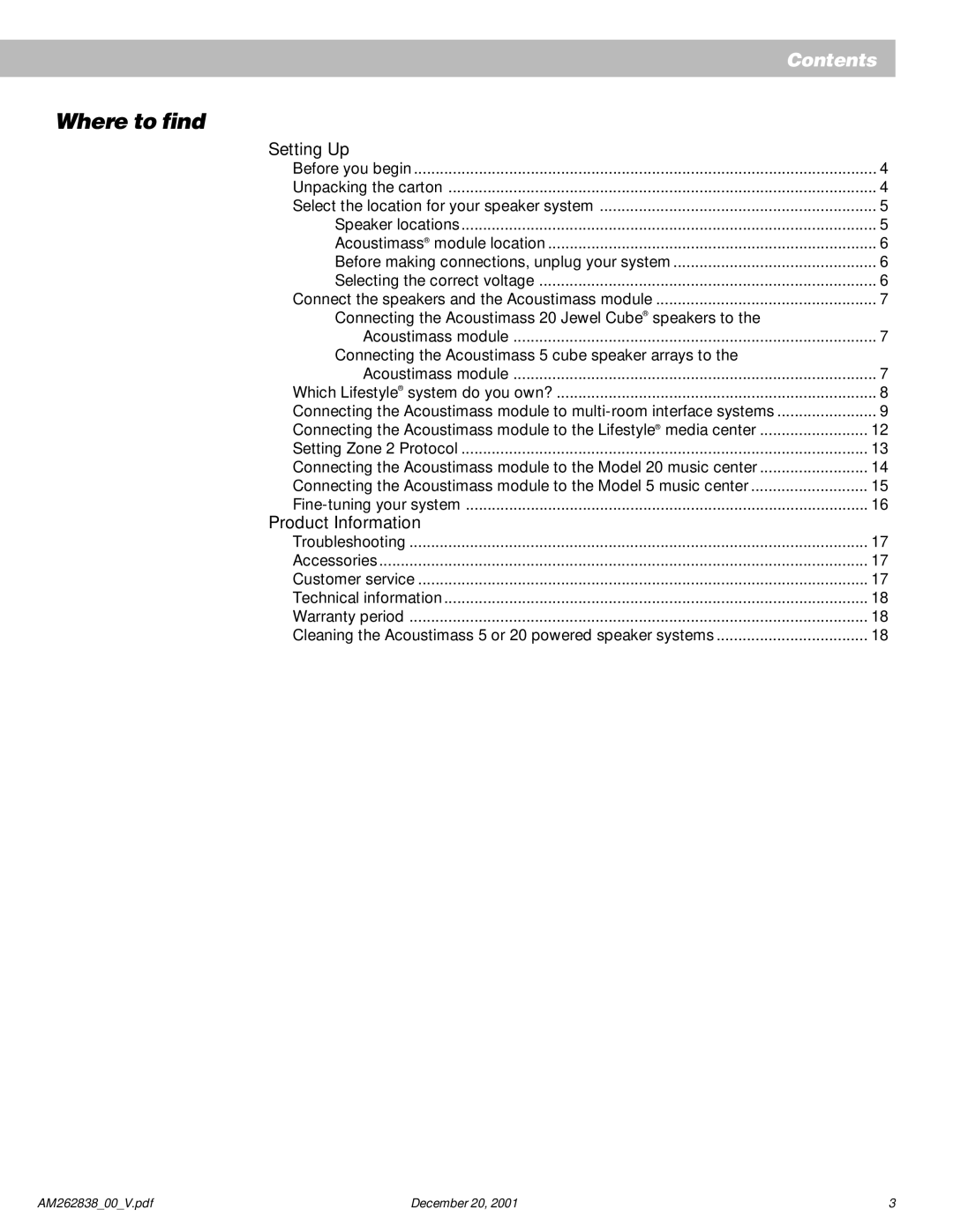 Bose AM262838_00_V manual Where to find…, Setting Up 