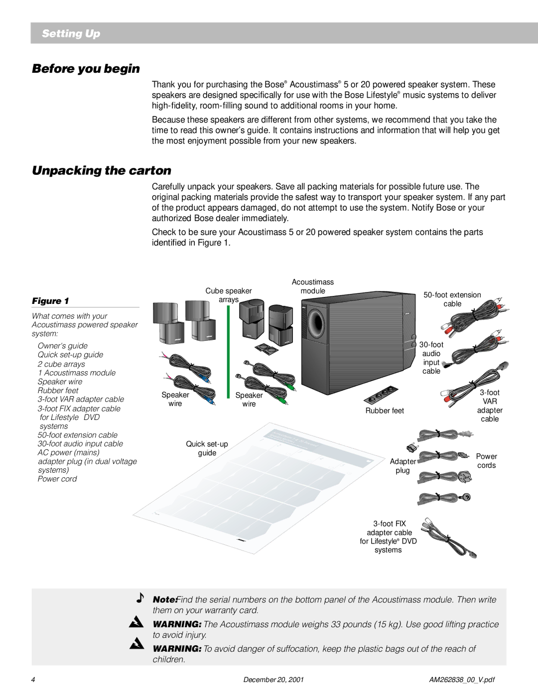 Bose AM262838_00_V manual Before you begin, Unpacking the carton 