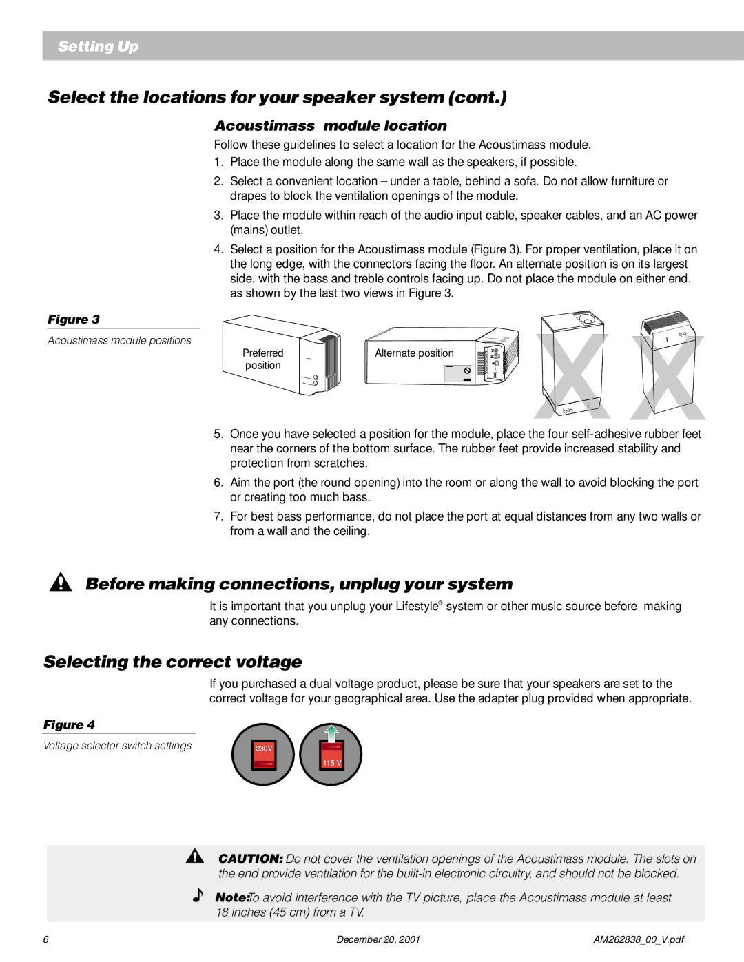 Bose AM262838_00_V manual Select the locations for your speaker system, Before making connections, unplug your system 