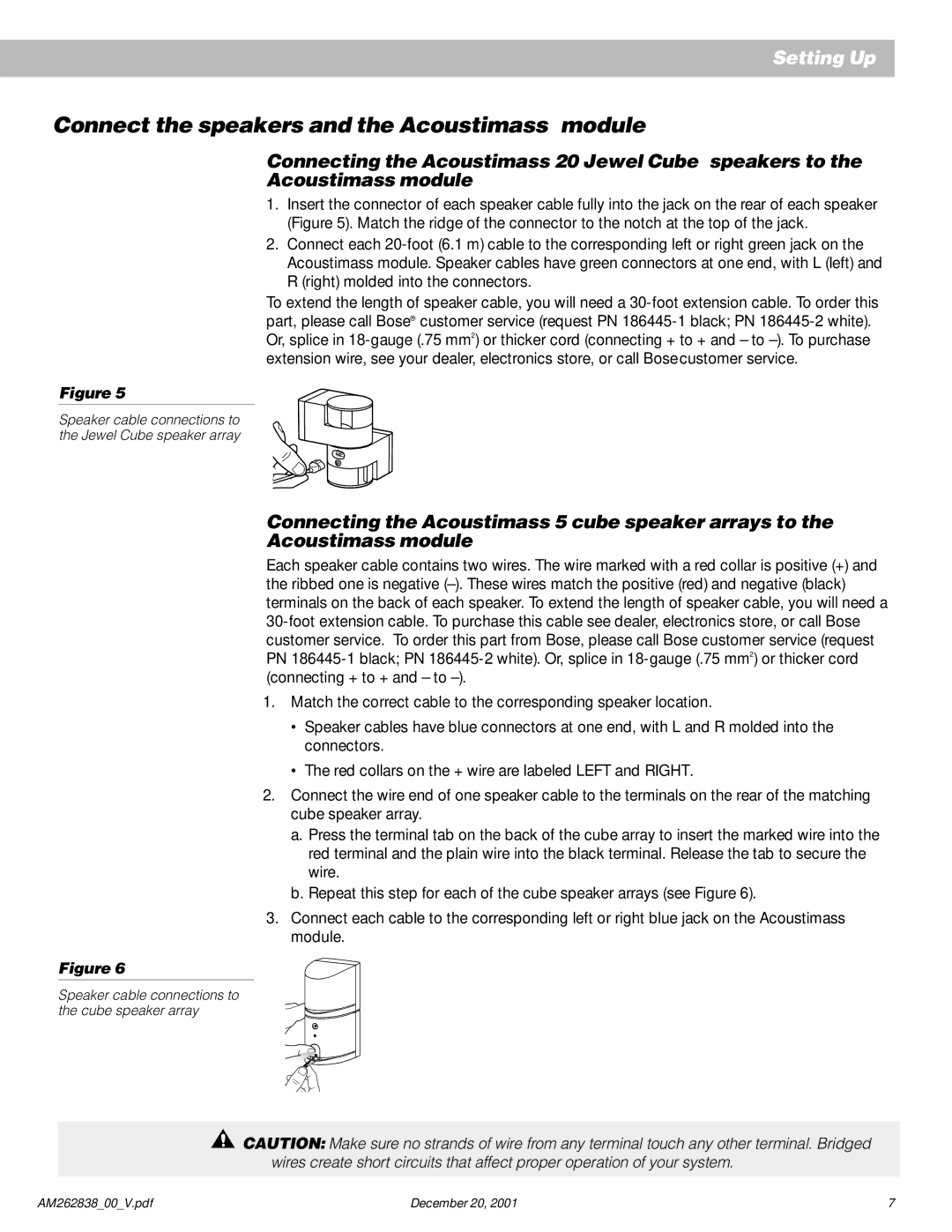 Bose AM262838_00_V Connect the speakers and the Acoustimass module, Speaker cable connections to the cube speaker array 