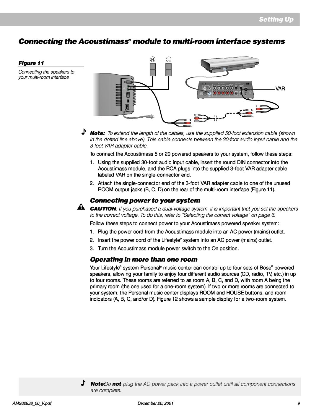 Bose AM262838_00_V Connecting the Acoustimass module to multi-room interface systems, Connecting power to your system 