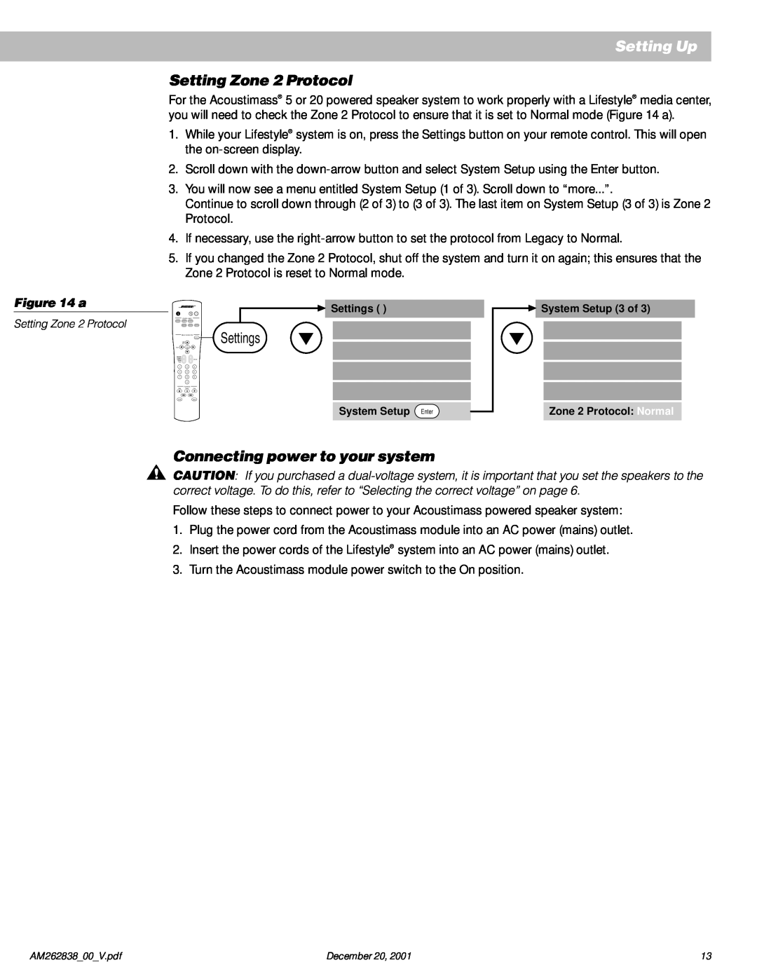 Bose AM262838_00_V manual Setting Zone 2 Protocol, Setting Up, Settings, Connecting power to your system 