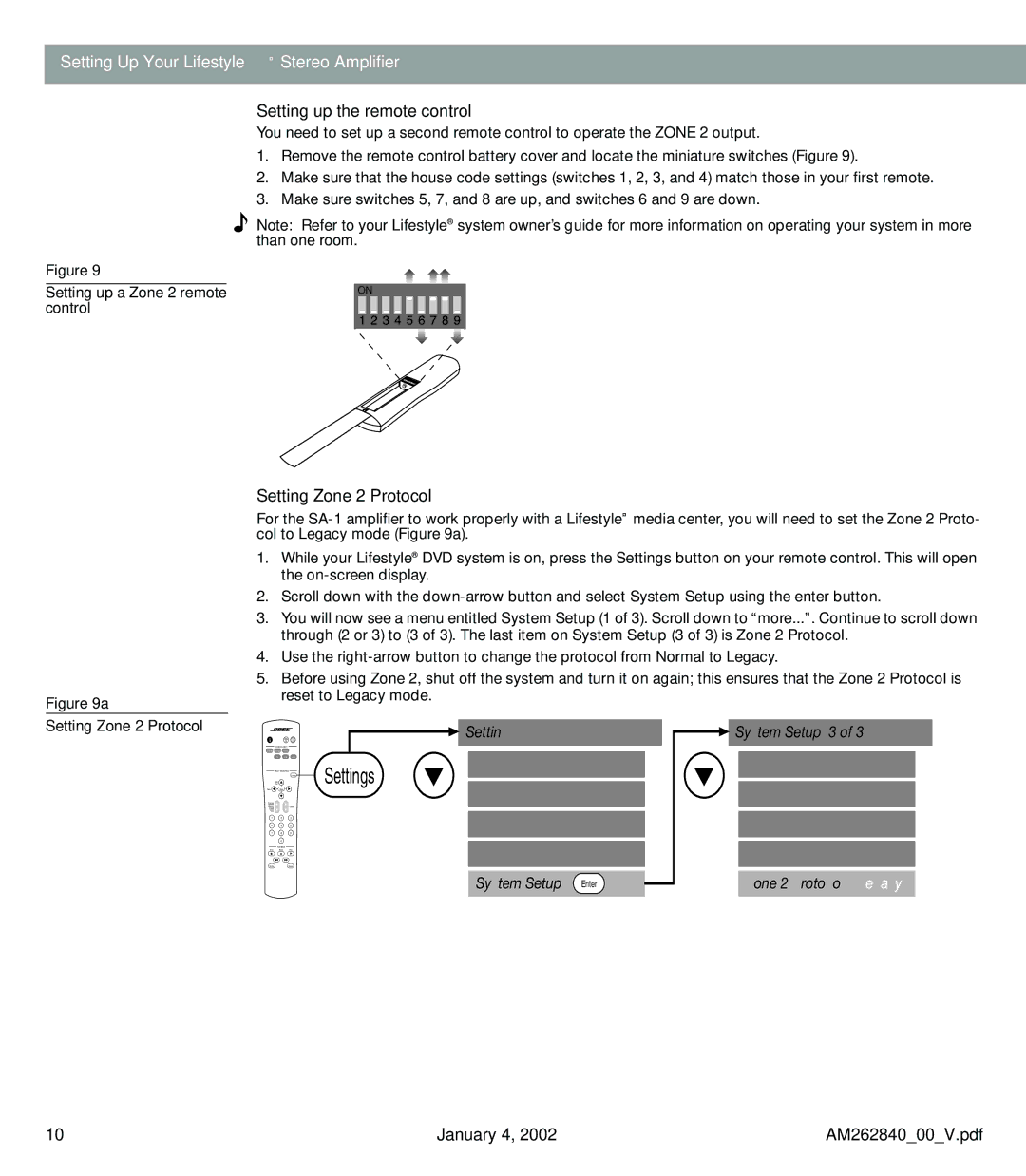 Bose AM262840 manual Setting up a Zone 2 remote control, Setting Zone 2 Protocol 