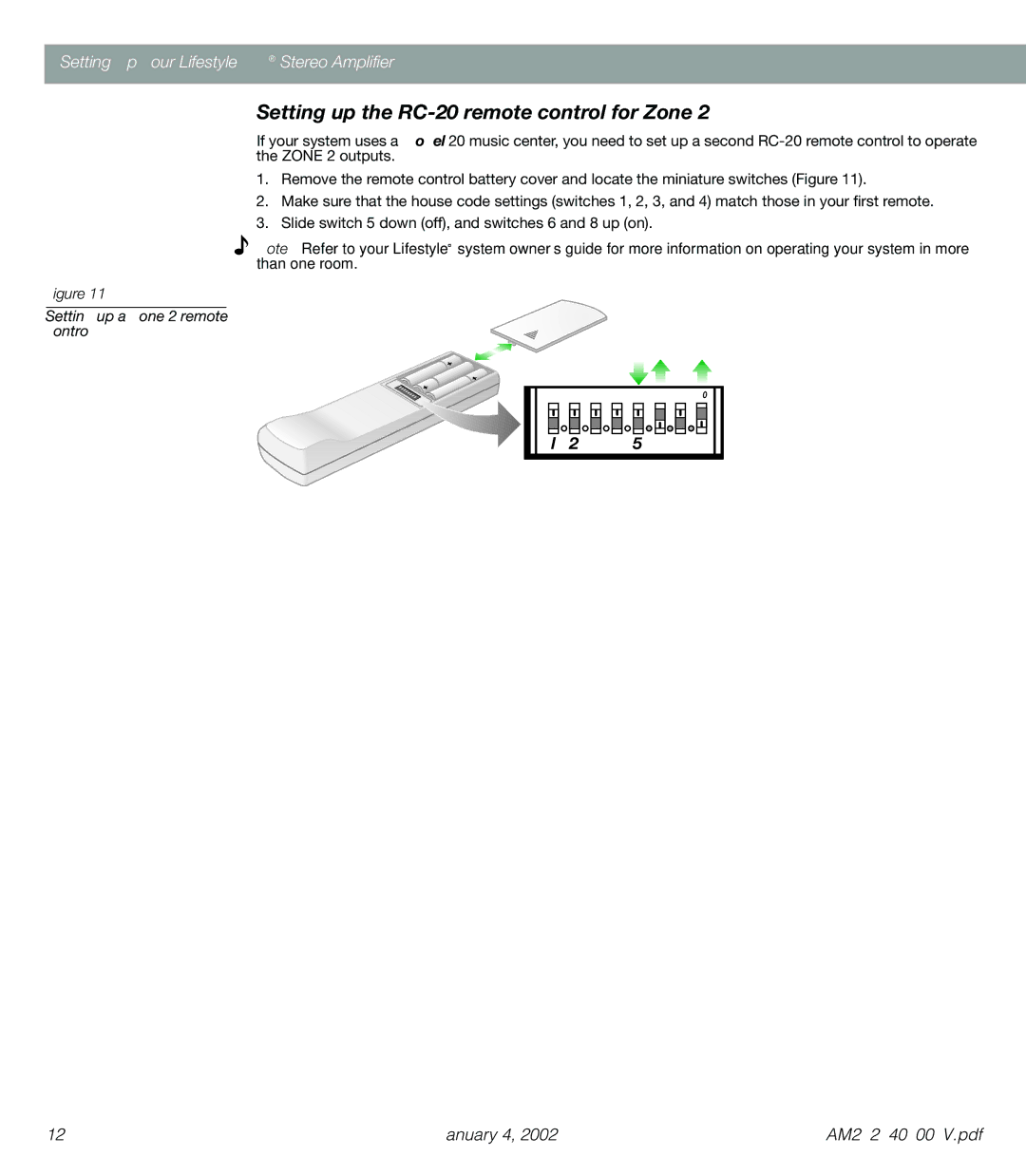 Bose AM262840 manual Setting up the RC-20 remote control for Zone 