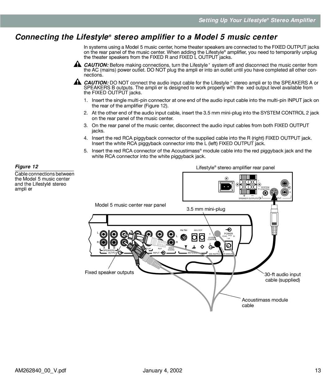 Bose AM262840 manual Model 5 music center rear panel Mm mini-plug 