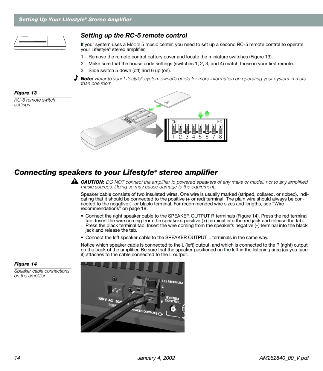 Bose AM262840 manual Connecting speakers to your Lifestyle stereo ampliﬁer, RC-5 remote switch settings 