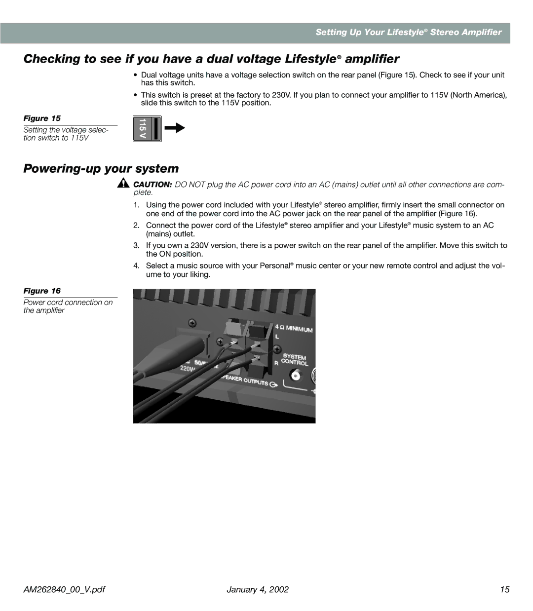 Bose AM262840 manual Powering-up your system, Power cord connection on the ampliﬁer 