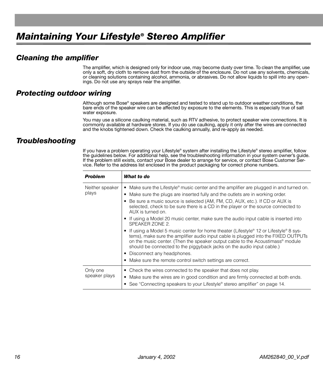 Bose AM262840 manual Cleaning the ampliﬁer, Protecting outdoor wiring, Troubleshooting 