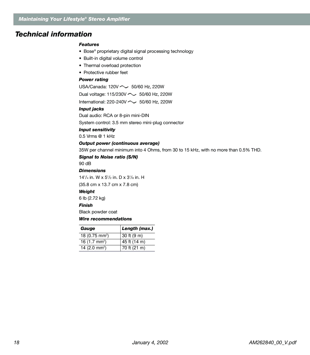 Bose AM262840 manual Technical information, Features 