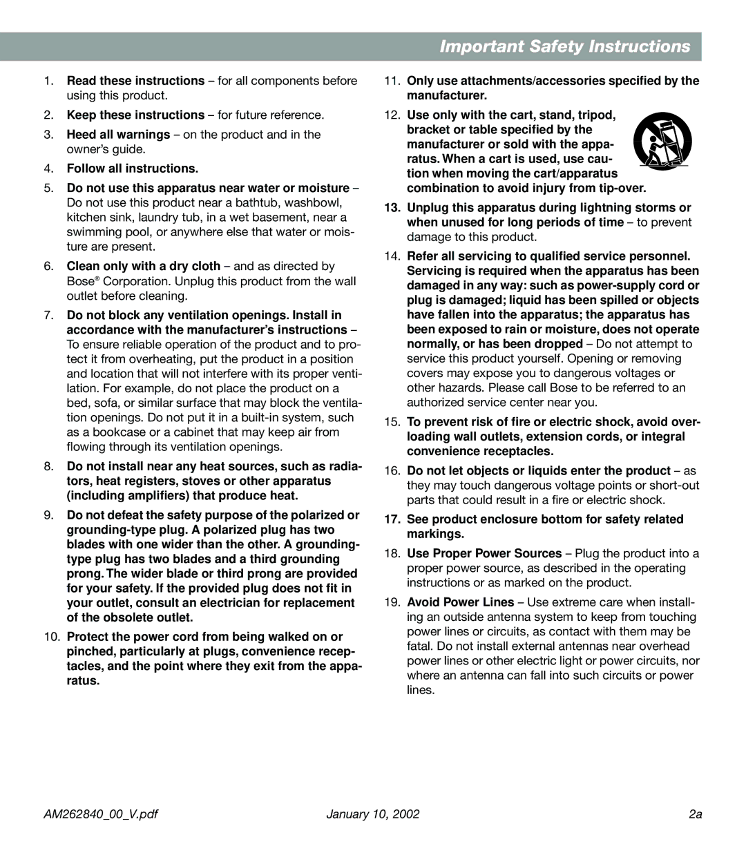 Bose AM262840 manual Important Safety Instructions 