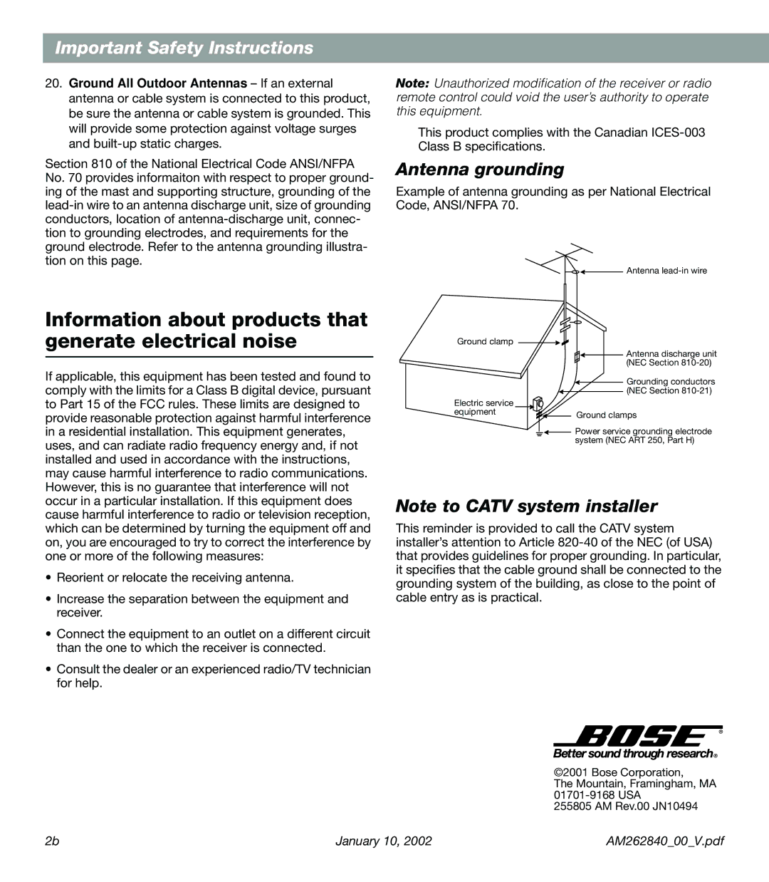 Bose AM262840 manual Information about products that generate electrical noise, Antenna grounding 