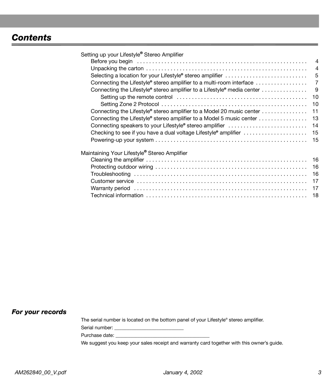 Bose AM262840 manual Contents 