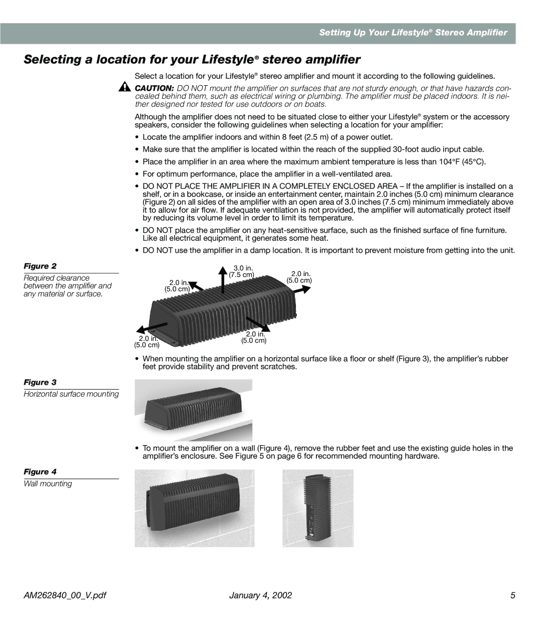 Bose AM262840 manual Selecting a location for your Lifestyle stereo ampliﬁer, Horizontal surface mounting, Wall mounting 